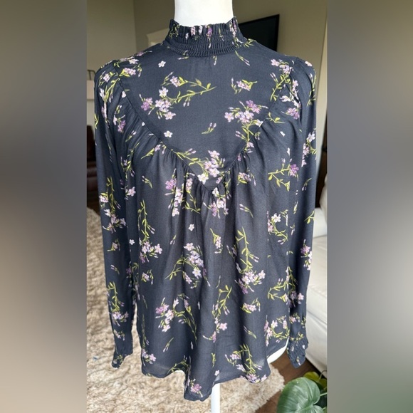 William Rast Tops - William Rast XS Black Floral Long Sleeve Chiffon Mock Neck Blouse